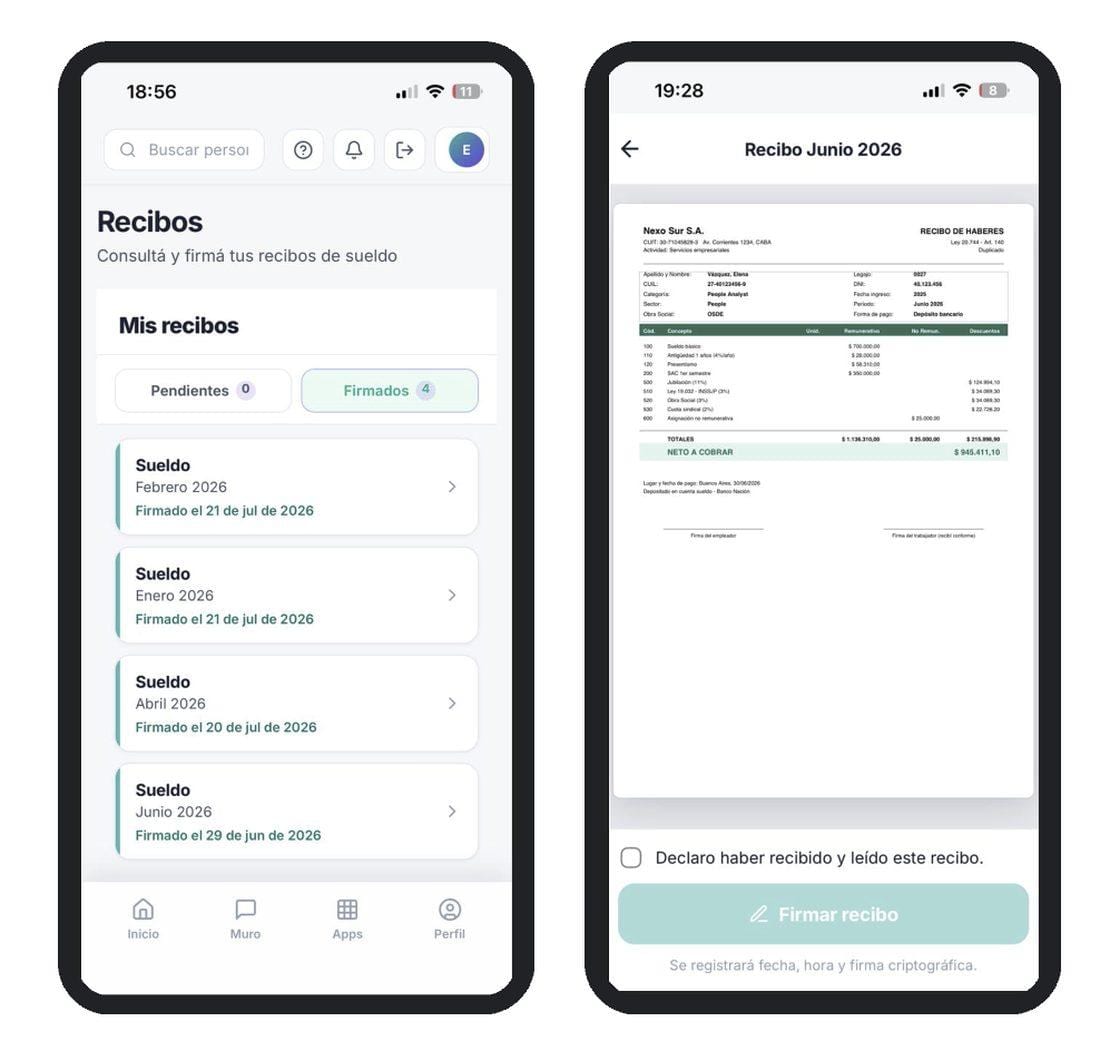 Pulso en el celular: la lista de recibos firmados y el recibo abierto con el botón de firmar